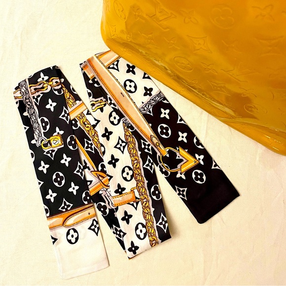 Elegant AccentBandeau Silk Twilly Scarf in Yellow Monogram Pattern - Picture 3 of 5